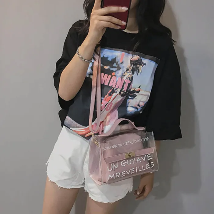Women Composite Bags PVC Transparent Handbag Letters Printed PU Leather Purse Shoulder Bag-OPK