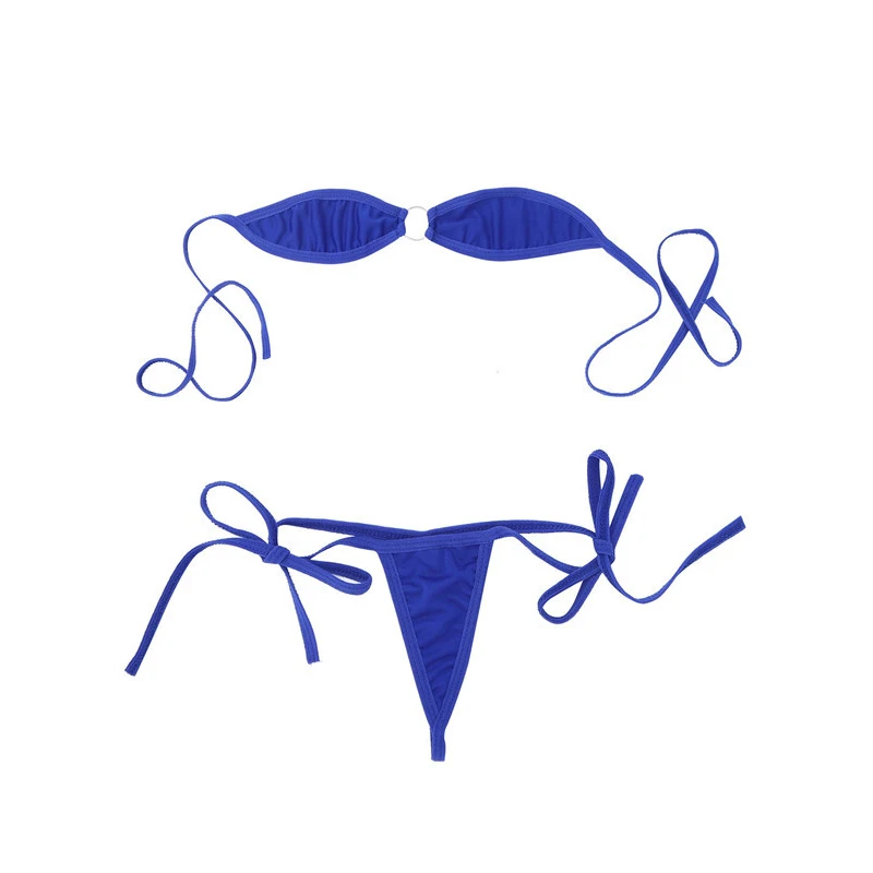 Royal Blue Сексуальное женское экзотическое мини микро бикини, набор, минимальное покрытие, самозавязывающийся бюстгальтер с открытыми плечами, топ, стринги, трусы, Пляжное нижнее белье - Цвет: Royal Blue