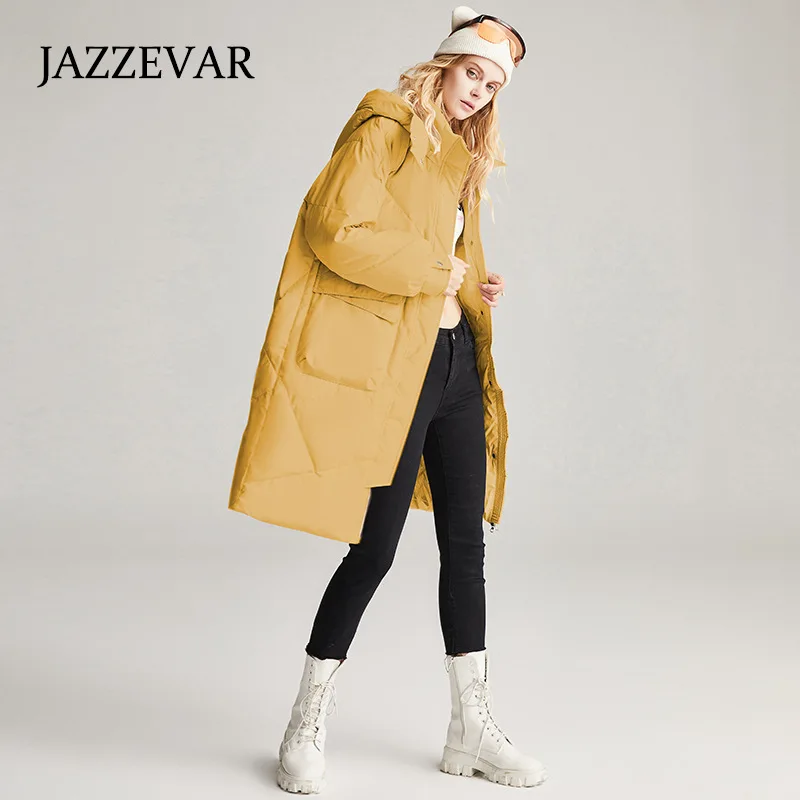 JAZZEVAR Medium and Long Down Jacket Female White Duck Hooded Thickened Warm Loose High-end Coats