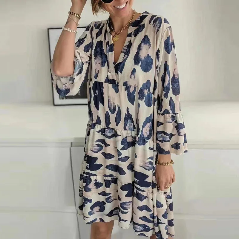 

2021 Spring Flare Sleeve Loose A-Line Party Dress Vintage New V Neck Summer Dress Women Leopard Print Beach Holiday Casual Dress