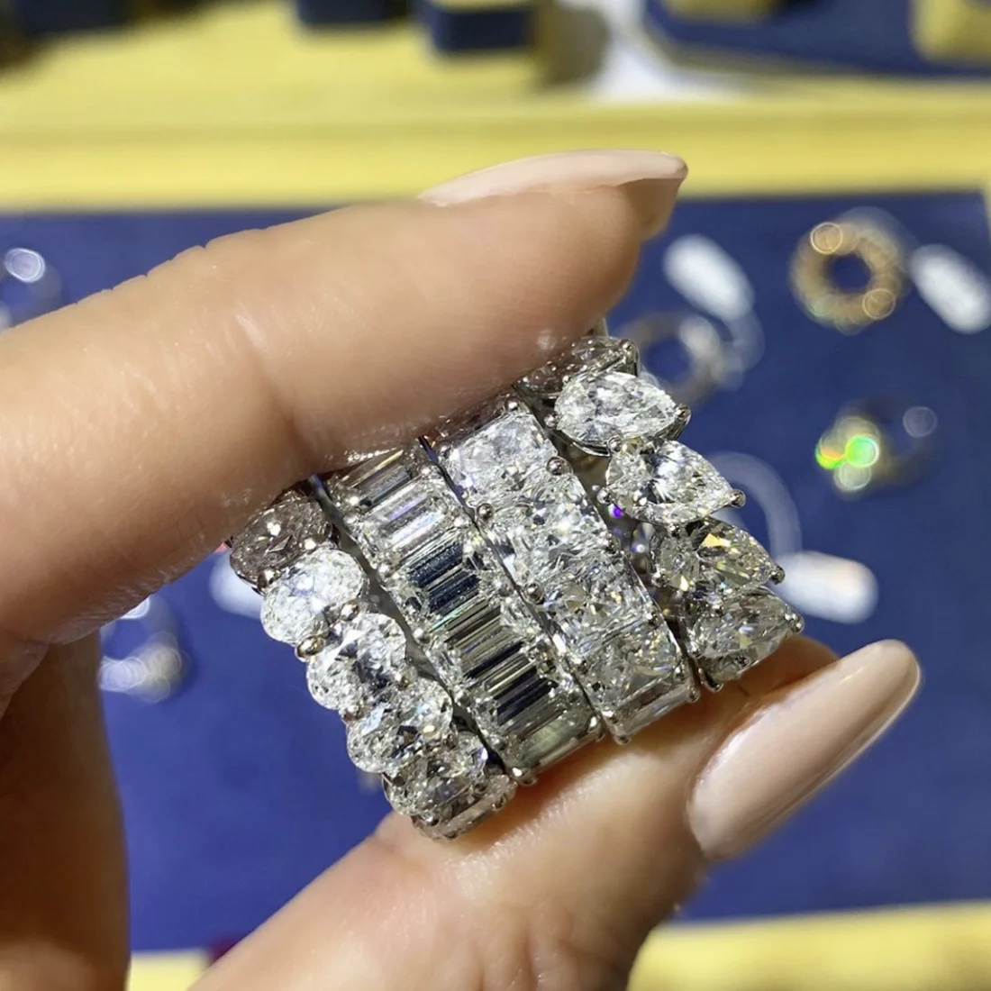 

DIAMOND BAND RINGS finger 925 SILVER PAVE SETTING FULL Created Diamond ETERNITY ENGAGEMENT WEDDING Ring SET Fine JEWELRY Gift