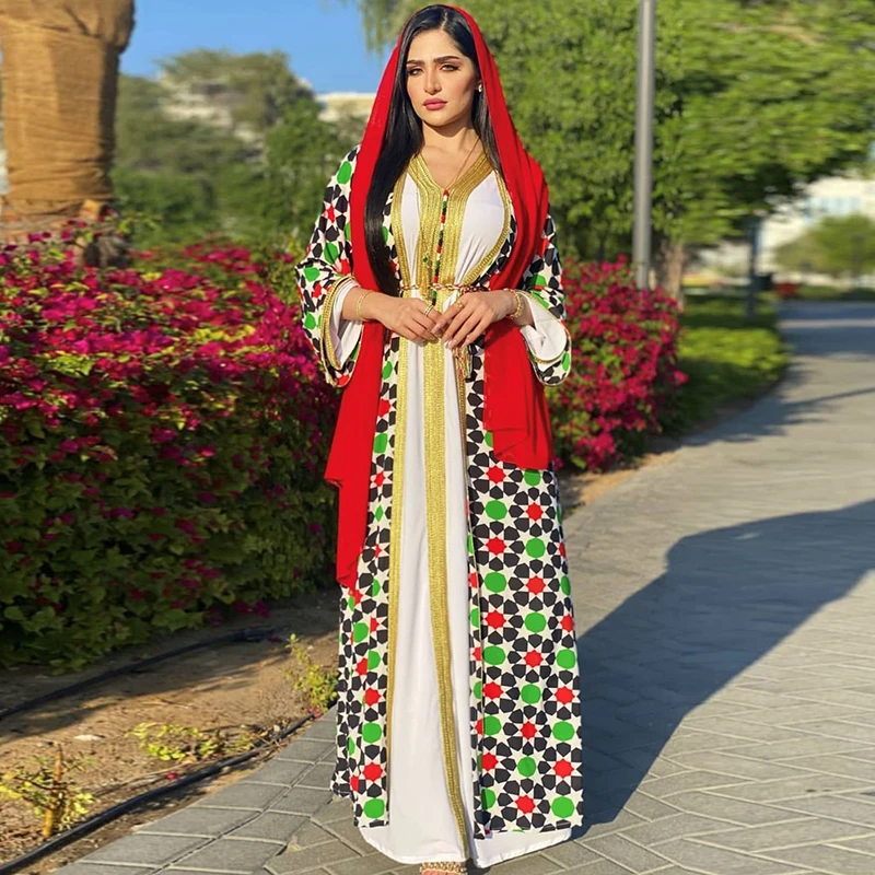 

Muslim Eid Mubarak Dubai Clothing Long Skirt Printed Floral Two-piece Set Turkey Oman Arab Dress Loose Ramadan Prayer Robe