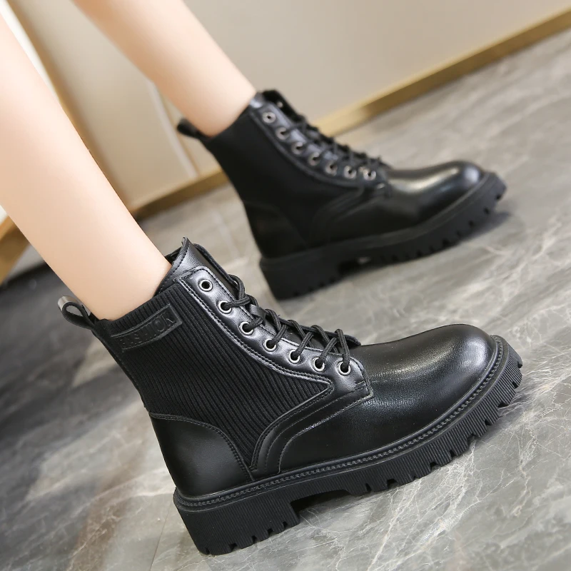 

2021 Autumn Winter New Socks Shoes Women Thick-soled Casual Short Boots Women Ankle Boots Black Lace Up botas de mujer