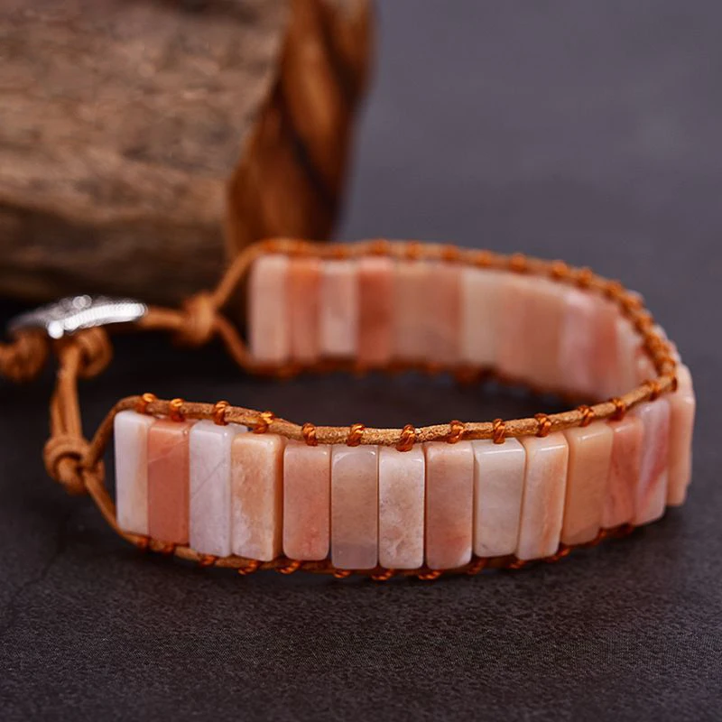 Высокое качество натуральный камень розовый Aventurines бусины браслет кожа воловья