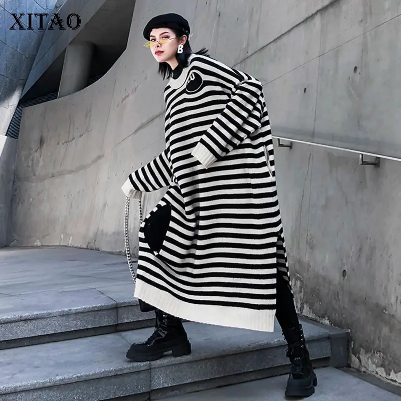XITAO размера плюс Полосатое платье открытая женская одежда 2019 вязаное Элегантное