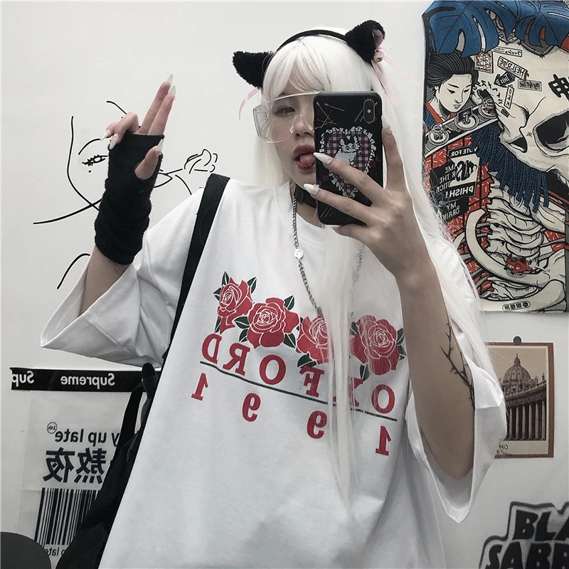 

Flower Print Women's T-shirts Korean Cotton White Oversize Hip Hop Tops Harajuku Vintage Aesthetic Gothic Graphic Punk Clothes