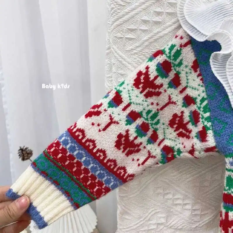 

Korean Style Childrens 2021 Winter New Girl Sweater Babys Knit Sweater Kids Sweater Lace Round Neck Tops