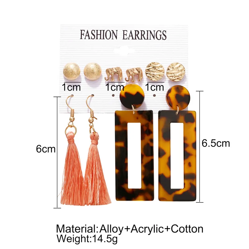 

Vintage Acrylic Elephant Leopard Print Tassel Ear Nail Set 5-piece Set Earrings For Women Boho Earings 2020 Fashion Jewelry
