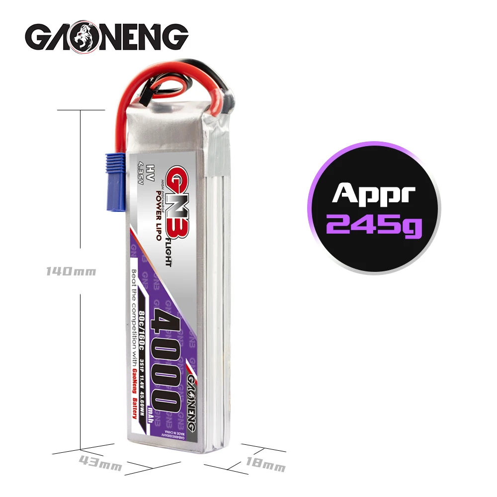 

Gaoneng GNB 11.1V 4000mAh 80C 3S Lipo Battery for FPV Racing Drone RC Quadcopter Model Toys w/ XT60/XT90/T Deans/EC5 Plug
