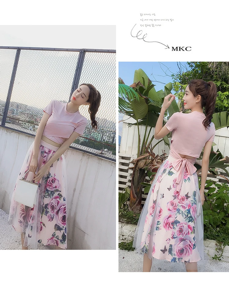 

Women Irregular T Shirt+Mesh Skirts SuitsSolid Tops Vintage Floral Skirt Sets Elegant Woman Two Piece Set