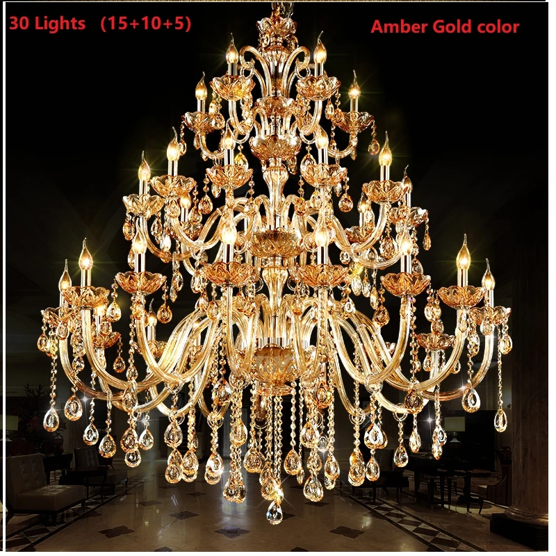 

Large 18/24/30 Lights Modern Big Lustres 100% K9 Crystal Luxury Home Decoration Amber/gold/cognic Villa Chandelier Lighting