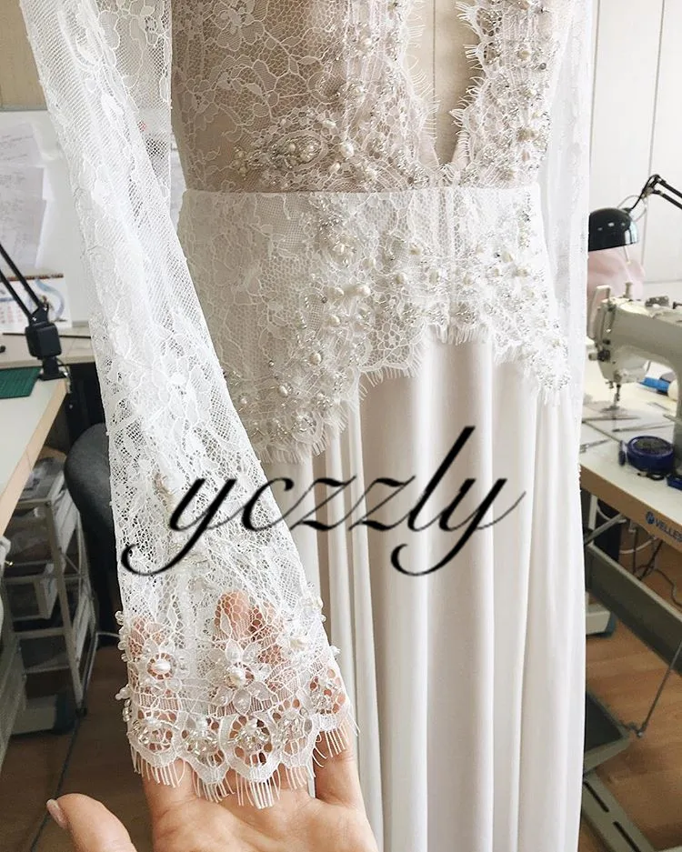 Boho Wedding Dress Sexy V-neck Long Sleeves Lace Appliques Pearls Beach Gowns Plus Size Chiffon Bride With Diamond | Свадьбы и