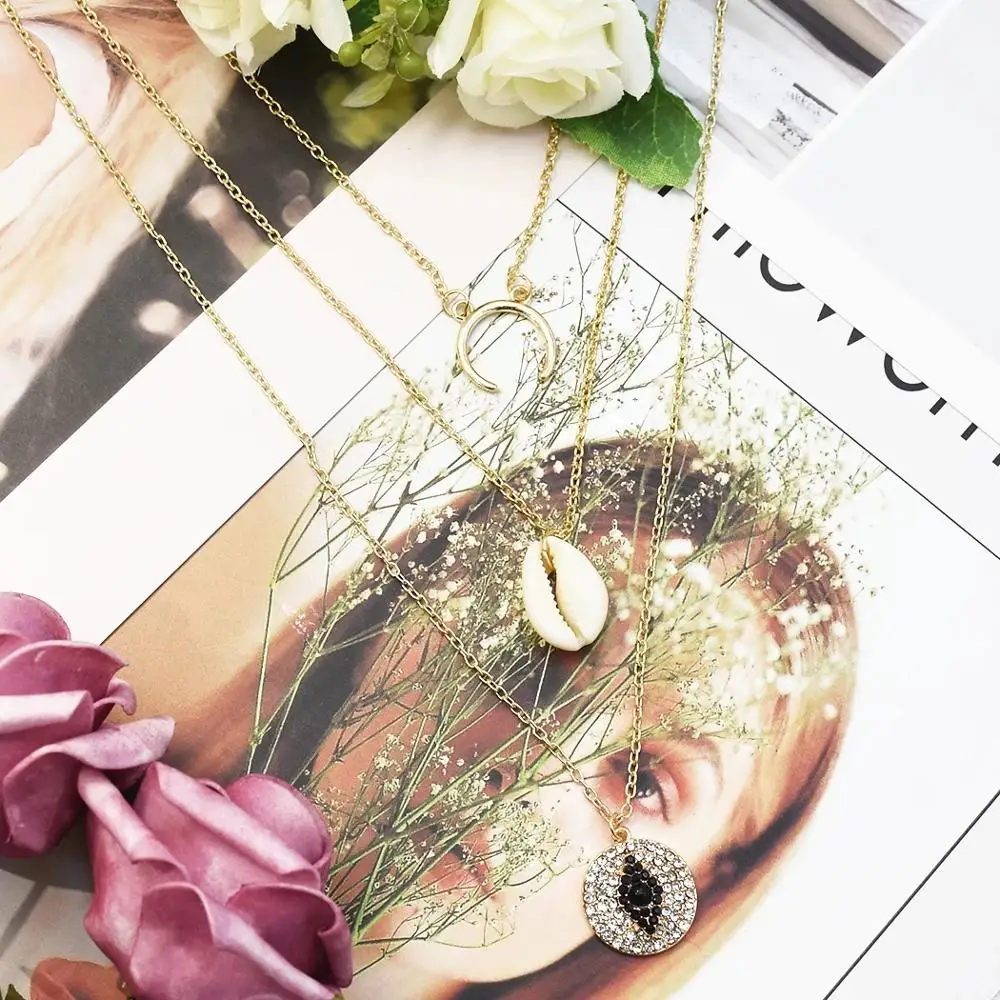 France 2 Style Multi-layer Sea Shell Star Moon Pendant Necklace For Girls Party Summer Women European and American Beach Jewelry | Украшения