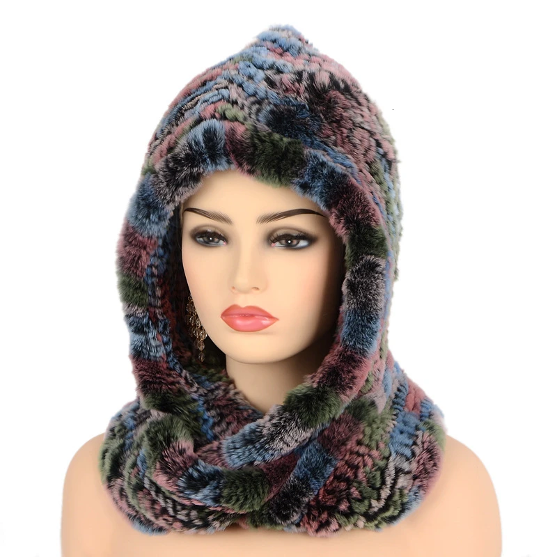 Color-1 Женская шапка, новинка, вязаный Настоящий мех кролика, шапка с капюшоном, шарф, зимние шапки для женщин, шапка, теплая, натуральный мех, шапка с шеей, шарфы - Цвет: Color-1