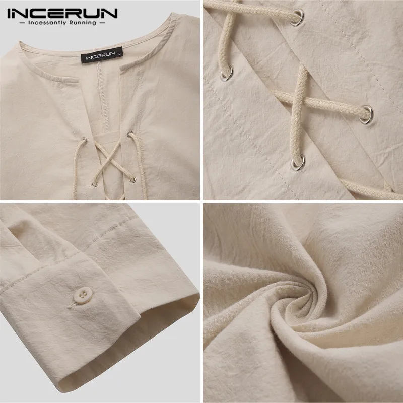 

INCERUN Men T Shirt Vintage V Neck Lace Up Solid Color Streetwear Casual Retro Breathable Camiseta Long Sleeve T-shirt Men S-5XL