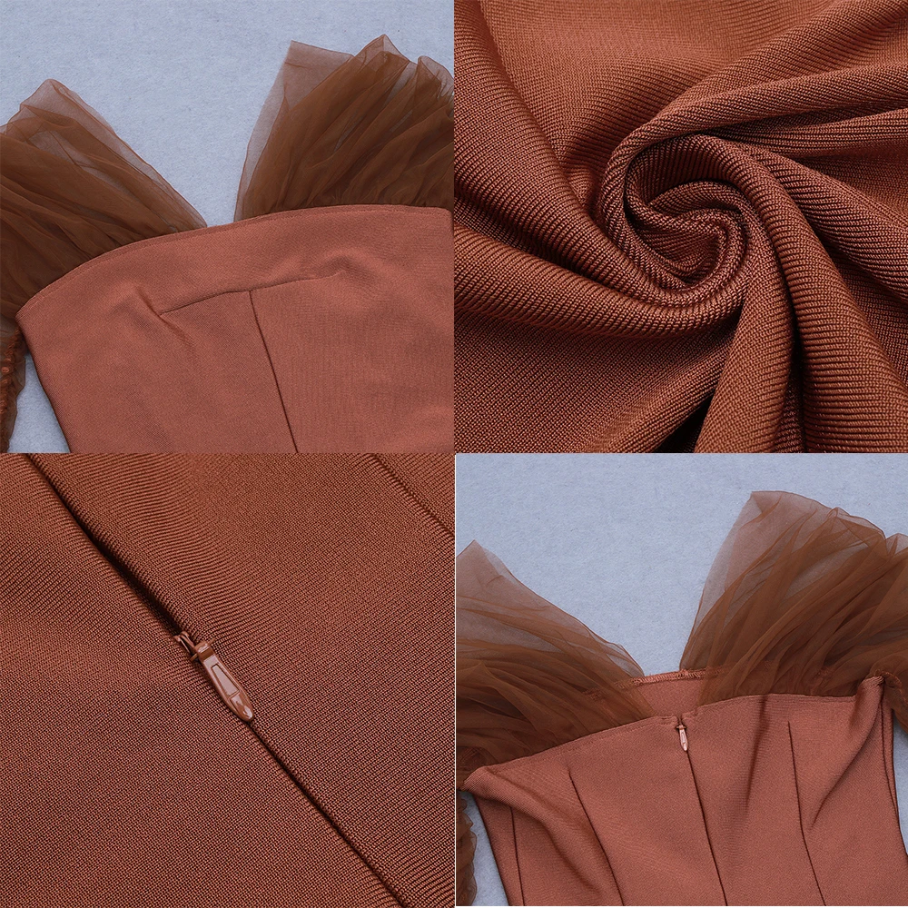 

2021 Spring Women Sexy Bodycon Mesh Dresses Long Sleeve One-Shoulder Brown Mini Dress Ladies Party Club Elegant Vestidos Female