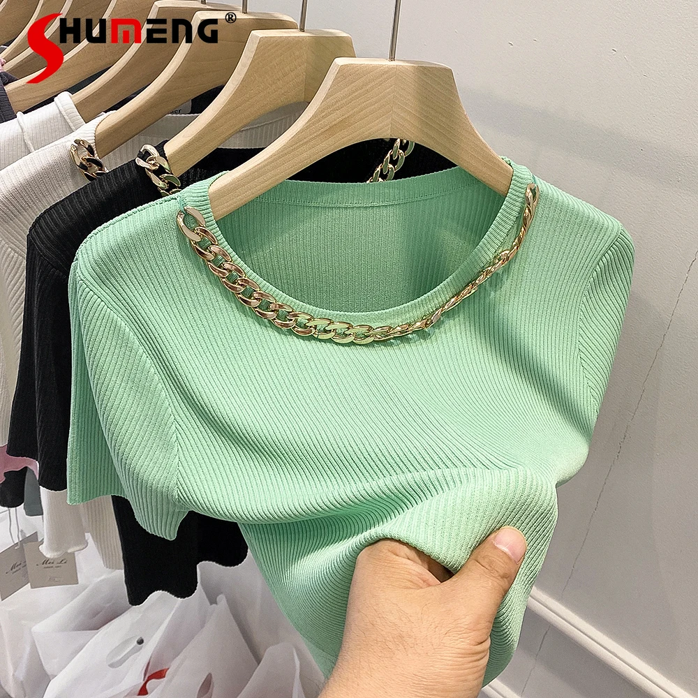 

Женская короткая трикотажная футболка из вискозы, зеленая тонкая футболка с коротким рукавом и цепочкой, лето 2021