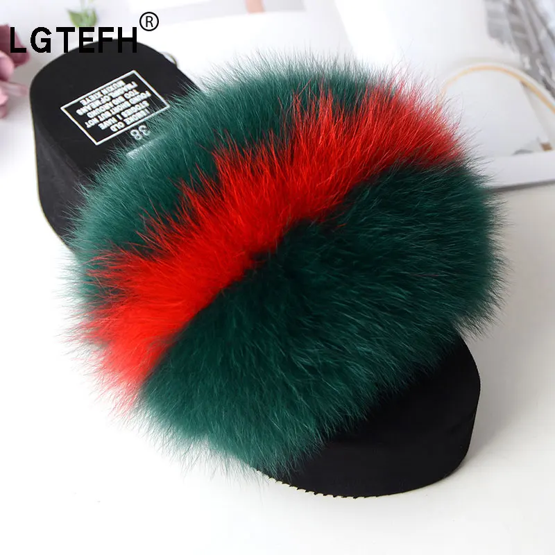

Fox Fur Slippers Fluffy Furry Women High-Heeled Slippers Fur Sandals Thick Bottom Home Slippers Women Fashion Outdoor Wedge Slip
