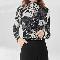 fashion printed shirt autumn and winter 2020 new slim stand collar close fitting blouse womens rhinestone mesh top