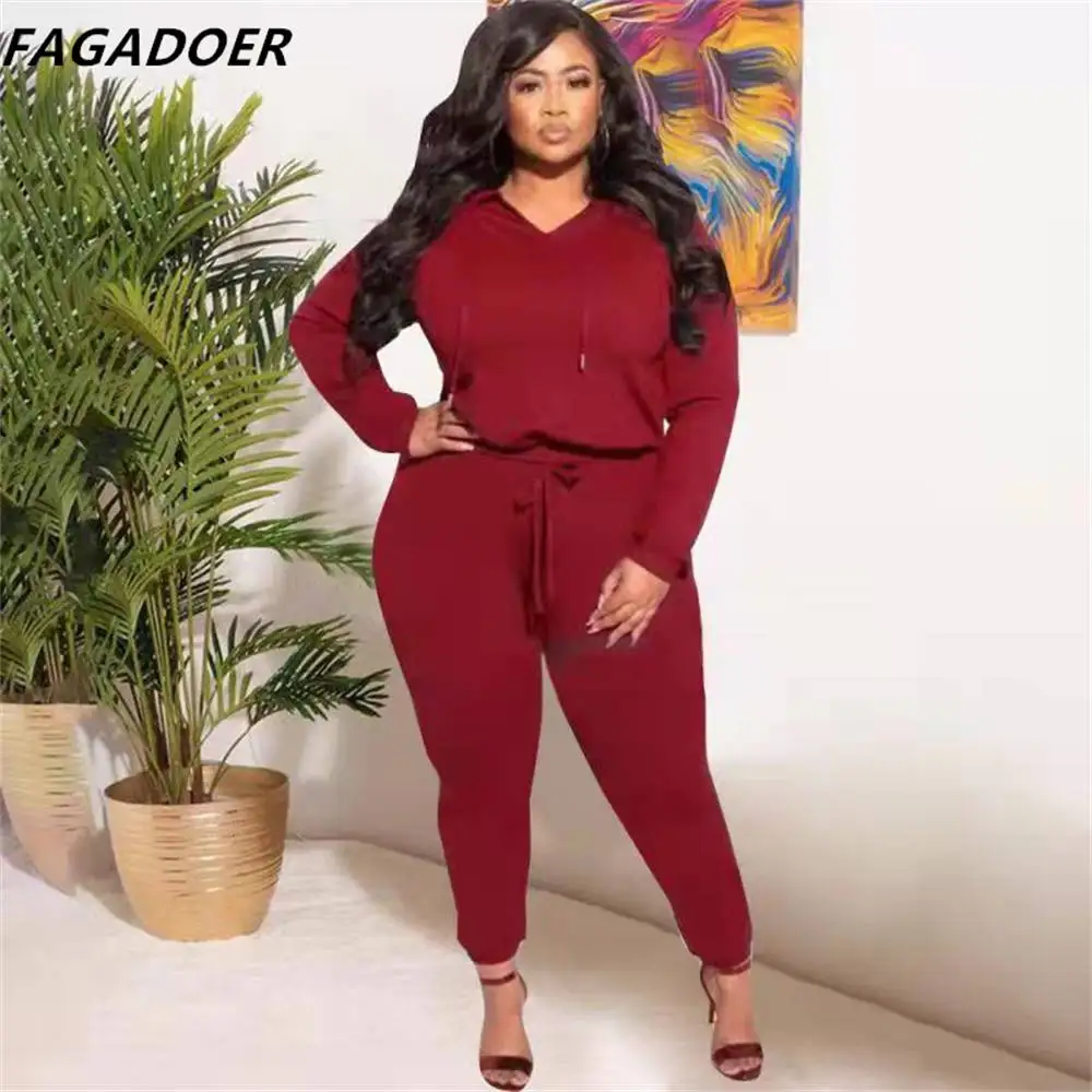 

FAGADOER Autumn Winter Plus Size Hoody Tracksuits XL-5XL Women Soild Hooded And Jogger Pants Two Piece Sets Casual Outfits 2021