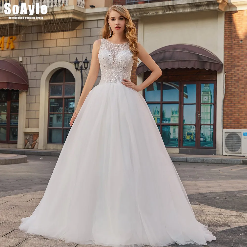 

SoAyle #J27 High Quality Good Price Beautiful A Line Wedding Dress Sleeveless Beaded Wedding Dresses Plus Size Vestido De Novia