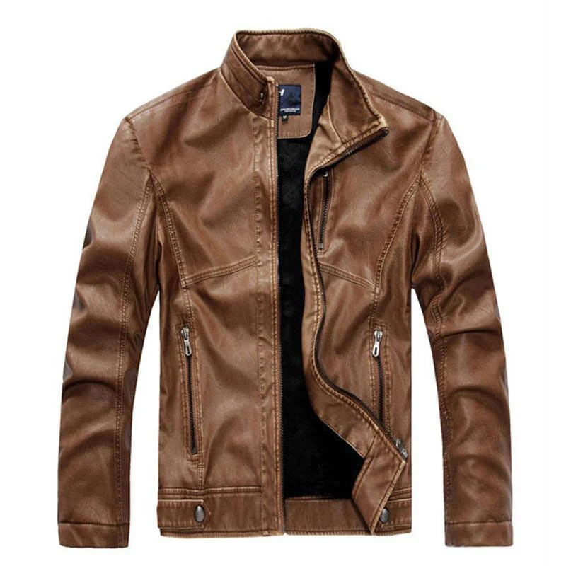 Зимняя мужская кожаная куртка Мужская байкерская со стоячим воротником