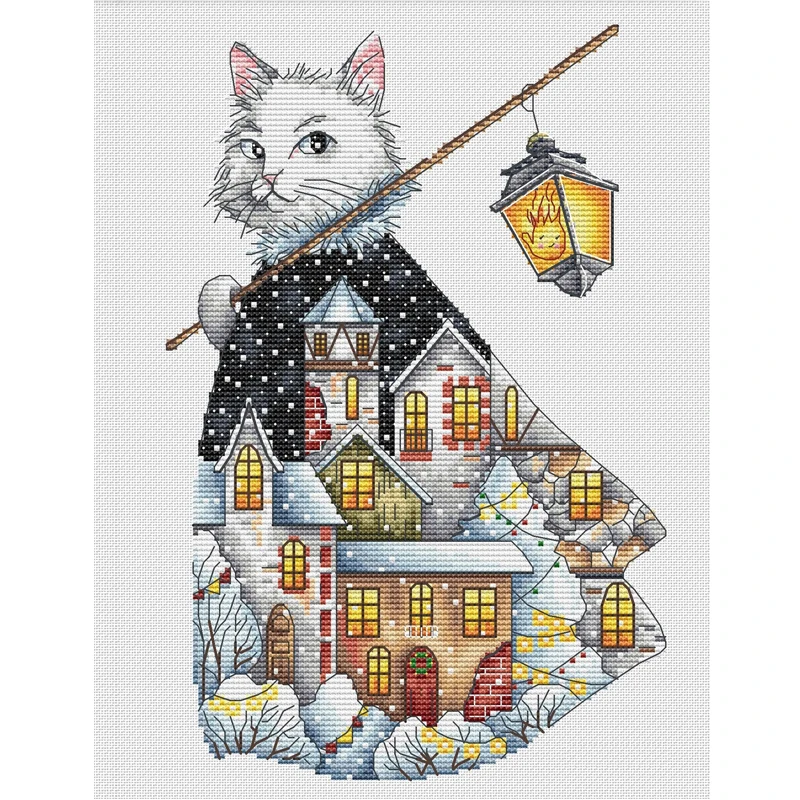 Amishop Gold Collection Counted Cross Stitch Kit Christmas Cat Light Christmas Lamp Village Winter Snow