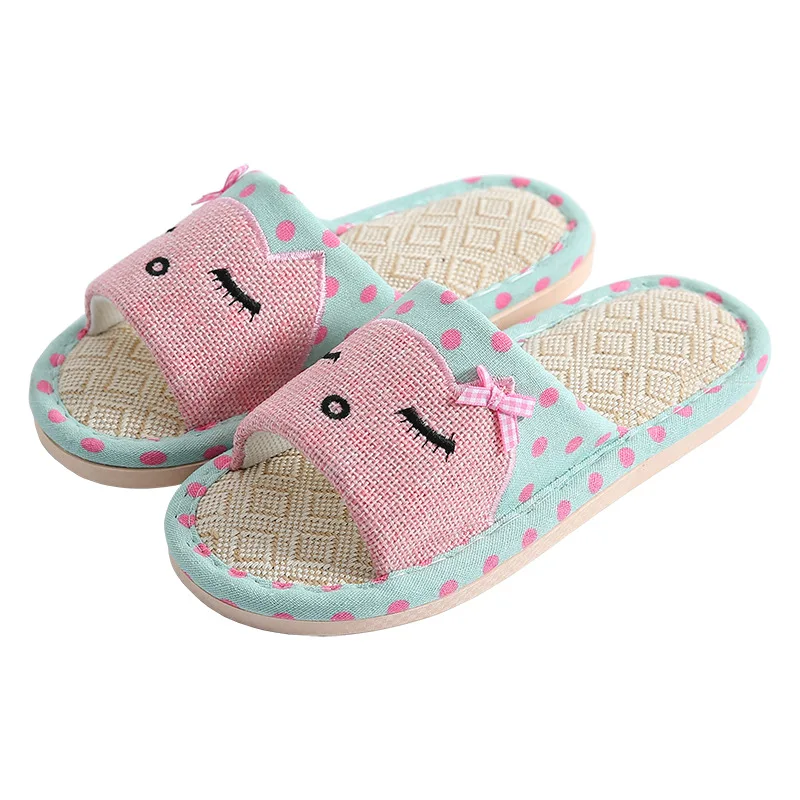 

Home Hemp Flax Women Slippers Cartoon Cat Pattern Bedroom Silent Flat Ladies Casual Shoes Spring Summer Slides Couples Slippers