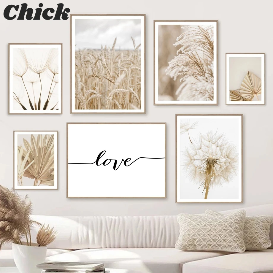 

Nordic Poster Nature Dandelion Wheat Reed Banana Leaf Love Wall Art Print Canvas Painting Wall Pictures For Living Room Decor