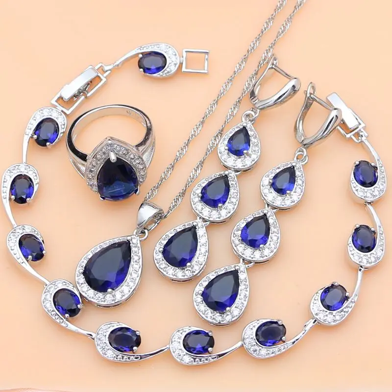 925 стерлингового серебра ювелирные изделия Белый сапфирово-Синий Циркон