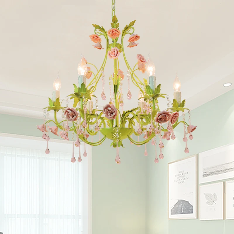 

Европейская люстра, зеленый светильник, Размеры 6/8/12 л, розовая роза, лампа с креплением E14, декоративная люстра