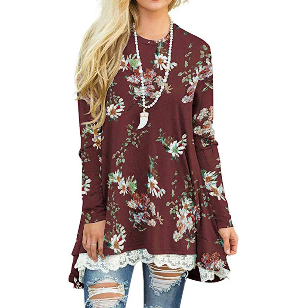 Длинный топ женская элегантная винтажная Кружевная футболка с цветочным принтом