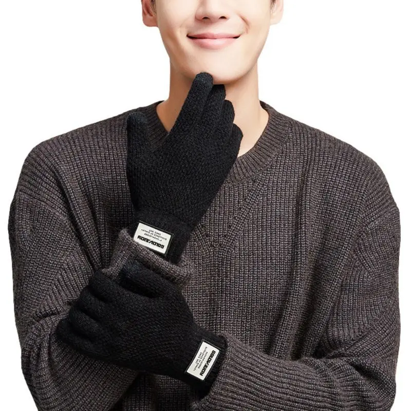 

Winter Autumn Men Knitted Gloves Touch Screen Male Thicken Warm Wool Mitten