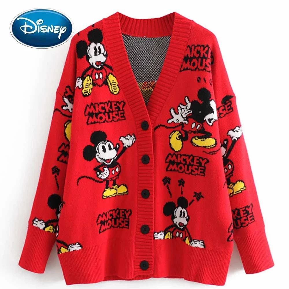 

Disney Stylish Mickey Mouse Sweaters Cardigans Tops Red Streetwear Fashion Clothes Loose Sweaters Print Cartoon Autumn Button