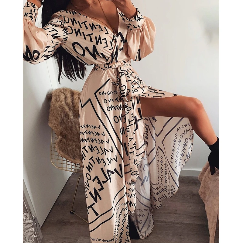 Women Spring Summer Autumn Dress 2019 Letter Print Boho V-neck Long Slit Maxi Beach Robe Femme Casual Loose Dresses | Женская одежда