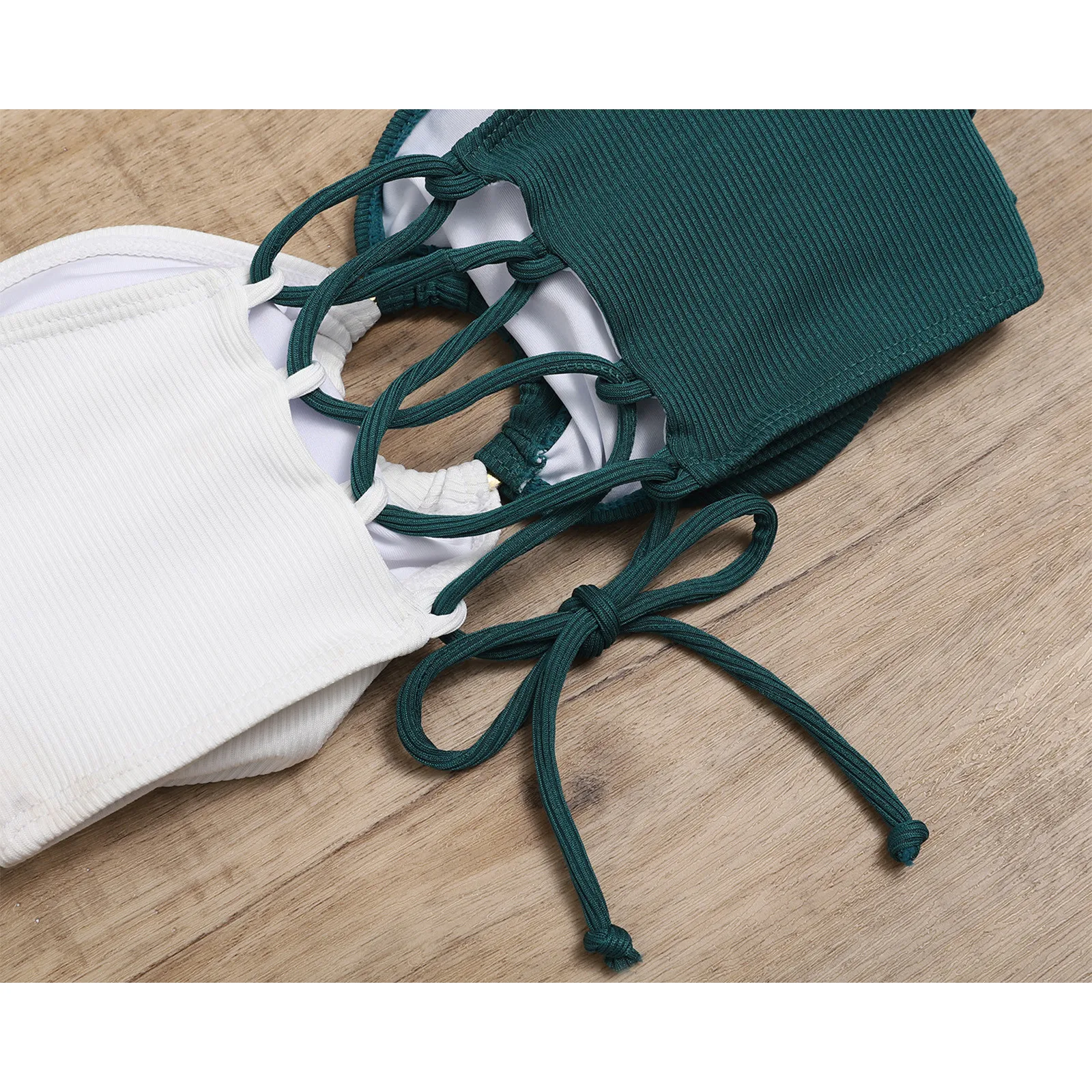 

Fashion Bandeau Ring Stitching Womens Swimsuit Contrast Color Push-Up Pad Ruffles Swimwear Beachwear biquinis feminino 2021 New