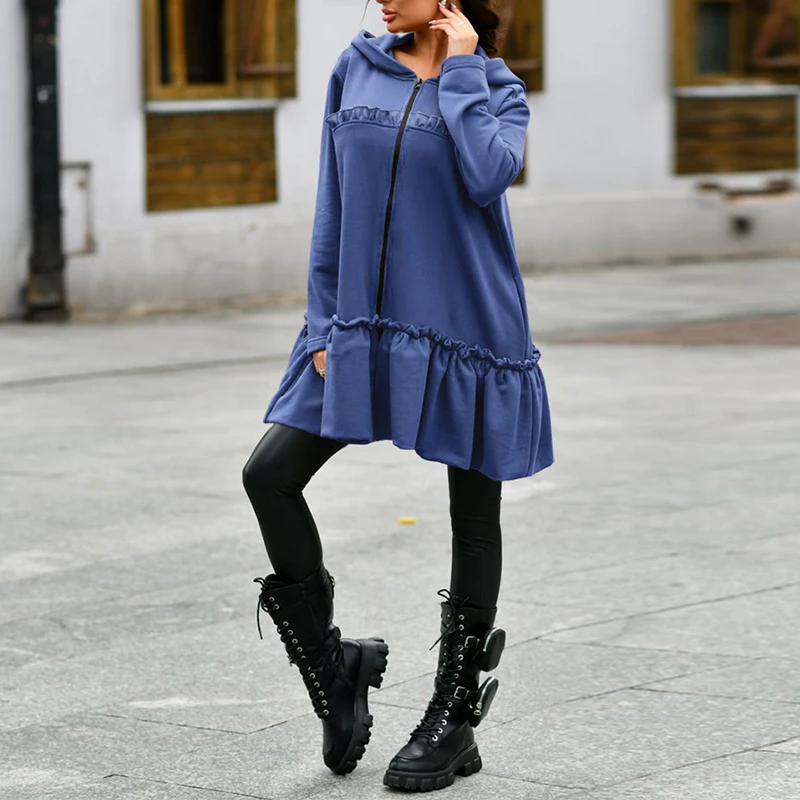 

Autumn Women Solid Color Hoodie Mini Dress Loose Full Sleeves Zipper Party Dress Ladies Ruffle Casual Streetwear Vestido Female
