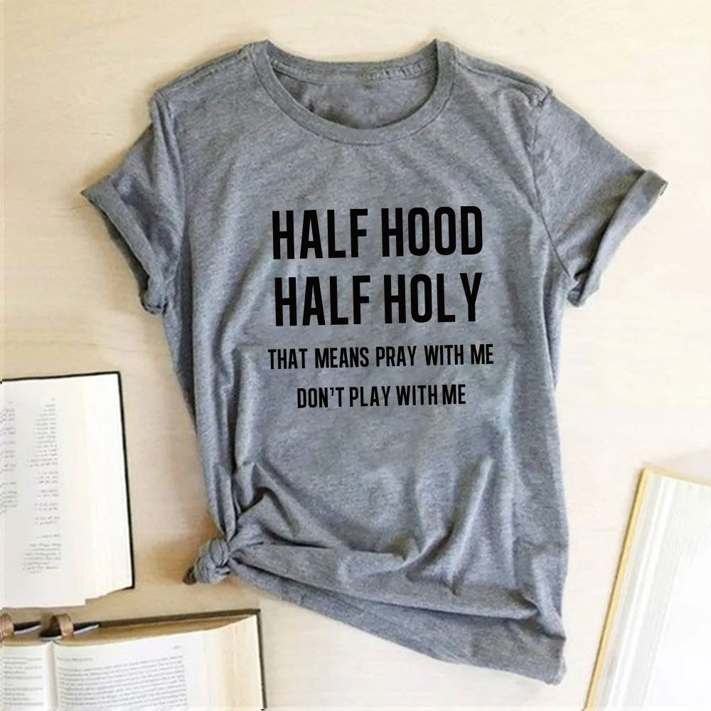 

Harajuku Short Sleeve Femme T-shirt for Ladies Clothes Casual Loose Tops Half Hood Half Holy Letter Print Women T-shirts