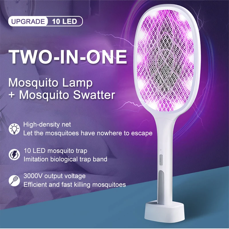 

2 in 1 3000V 10 LED Trap Mosquito Killer Lamp Electric Bug Zapper USB Rechargeable Fly Swatter Trap Flies Insect Indoor Outdoor