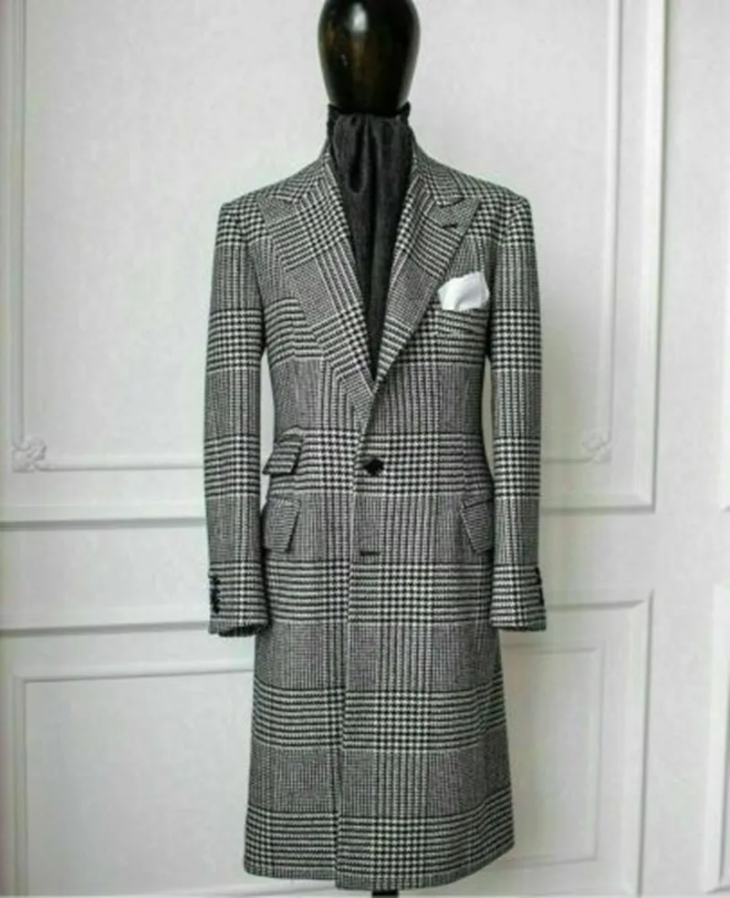 

Houndstooth Men Suits Latest Design Wool Overcoat Long Jacket Outfit Blazer Party Black Tuxedo Formal Prom Wear Custom Made