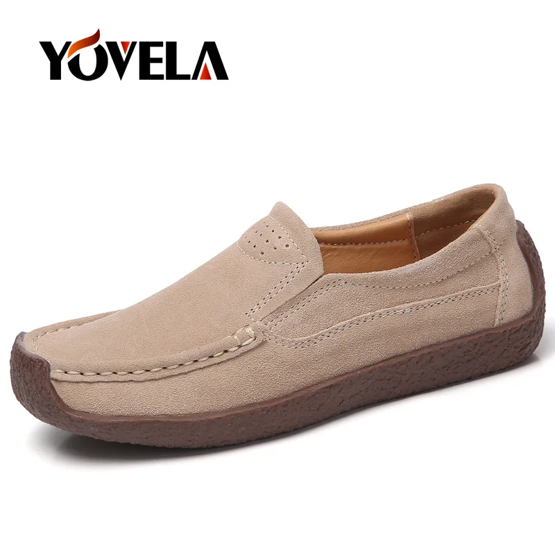 Женские теплые ботинки из нубука на плоской платформе повседневная кожаная