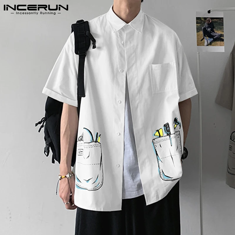 

2021 Men Shirt Printing Streetwear Lapel Short Sleeve Loose Korean Leisure Men Clothing Summer Casual Camisas Hombre 5XL INCERUN