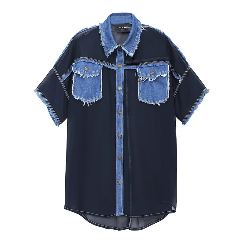 

SuperAen 2021 Summer New Streetwear Denim Tassel Chiffon Turn Down Collar Shirts Cardigan Woman