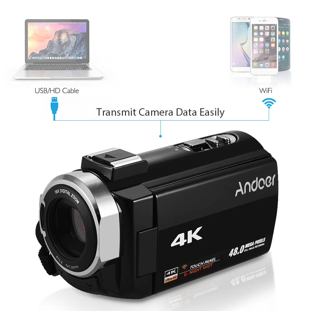 Портативная Цифровая видеокамера Andoer 4K HD DV 16X цифровой зум 3-дюймовый сенсорный