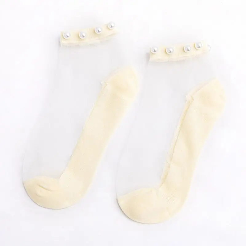 

Women Girls Summer Glass Fiber Ankle Boat Socks Pearl Beaded Candy Color Hosiery