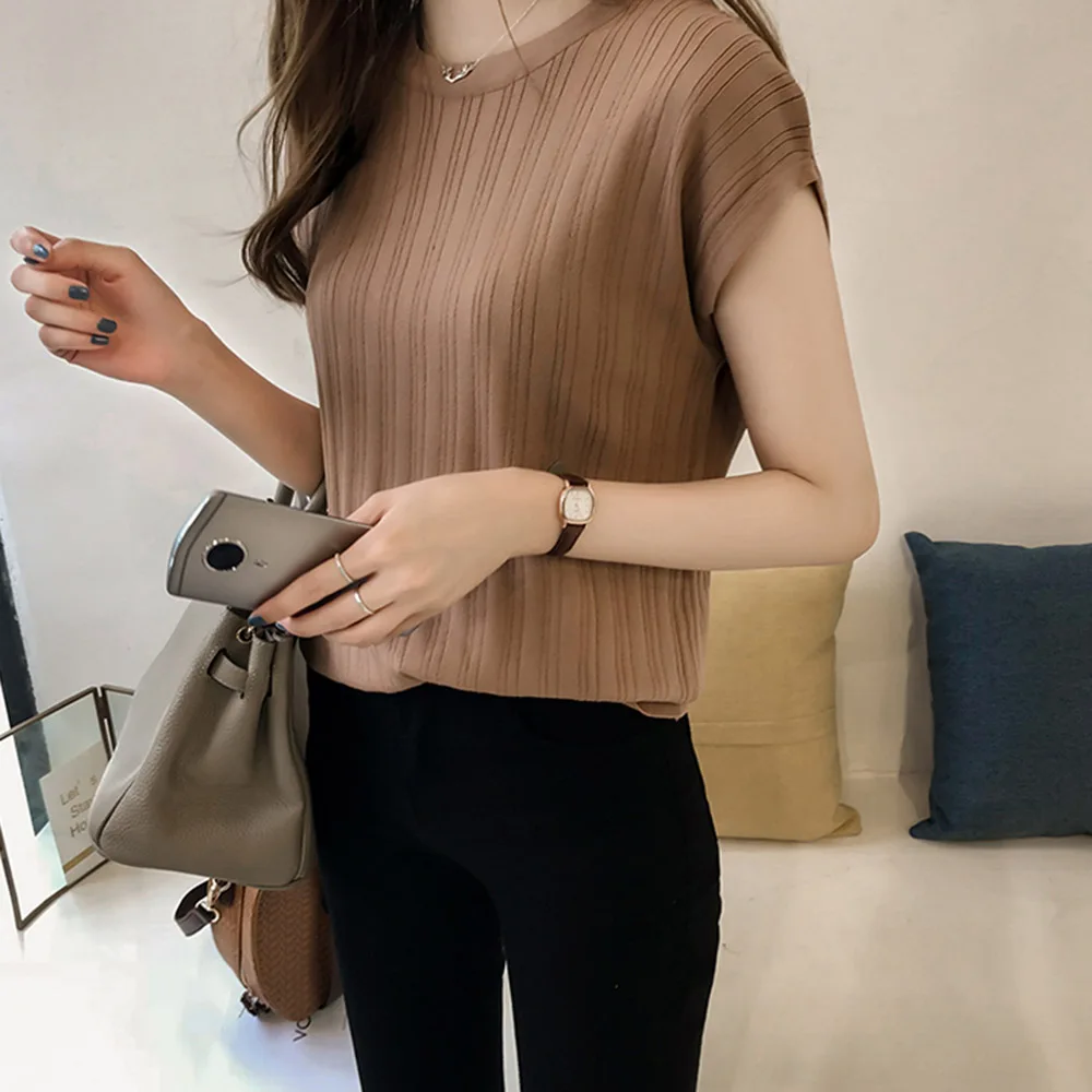 Ice silk Knitted Tops Short Sleeve Solid Slim Office Lady Causal Fashion Knitwear |