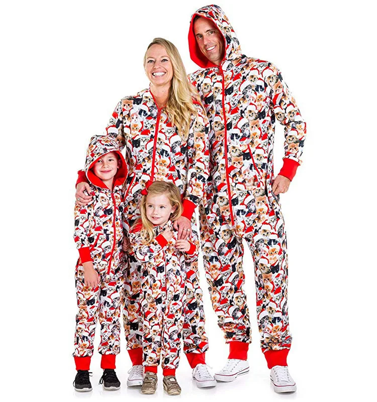 Рождественская семейная Пижама-комбинезон Пижама на молнии с капюшоном для папы