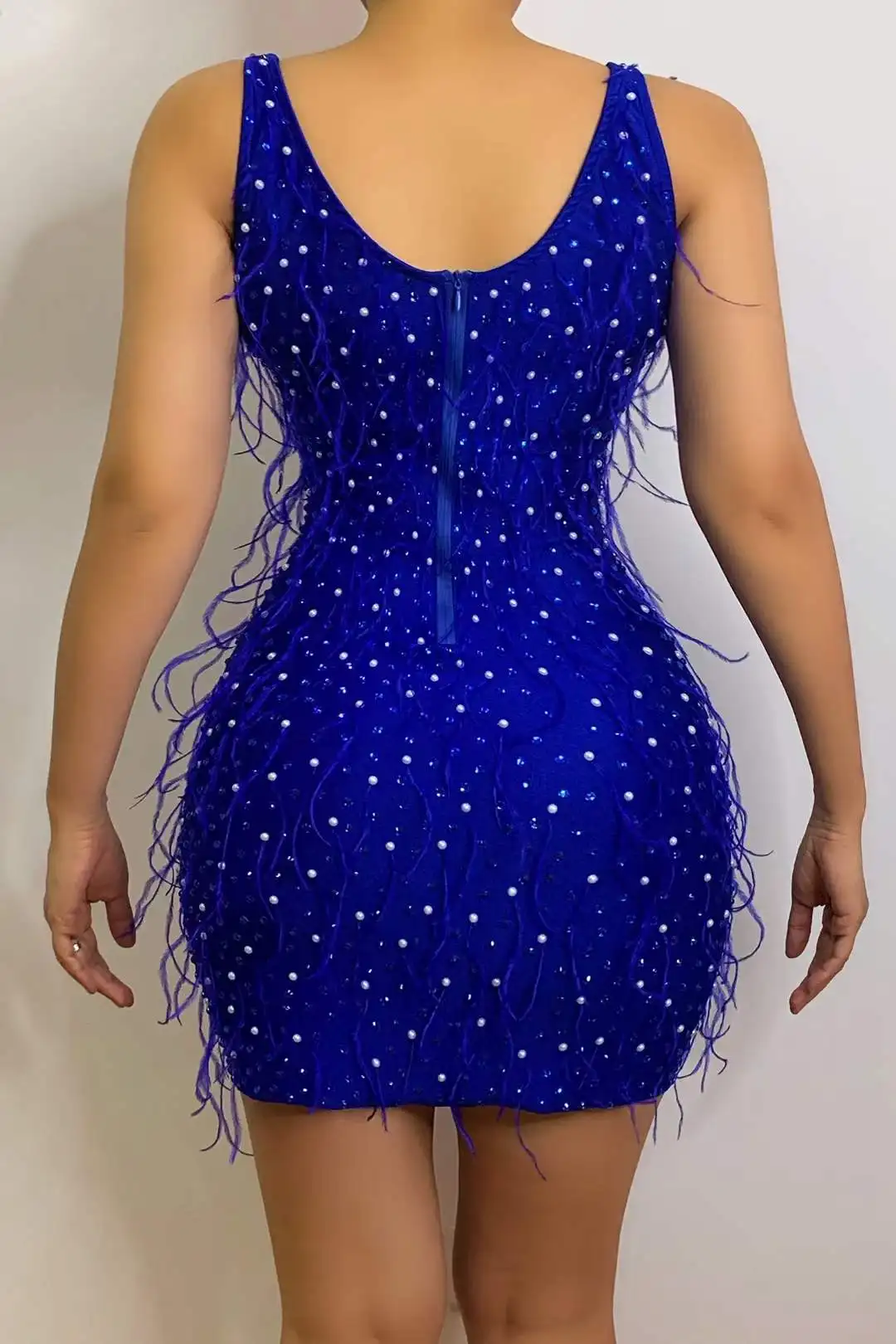 

Summer V-neck Crystals Tassel Royal Blue Wrap Hips Mini Dress Birthday Celebrate Prom Party Outfit Bar Club Singer Stage Costume