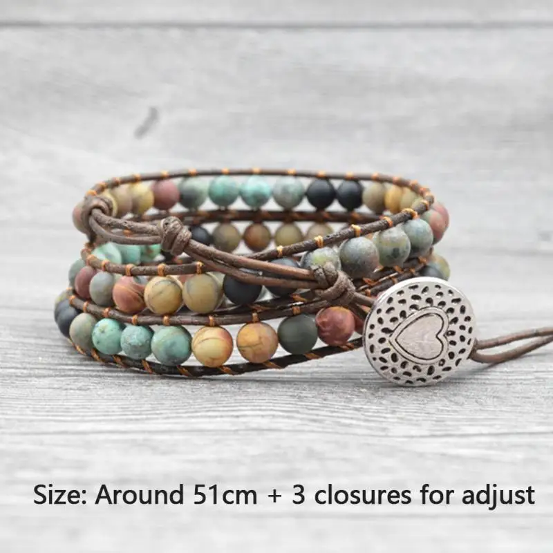 Богемные ювелирные браслеты 6 мм винтажные кожаные с матовым камнем трехжильные