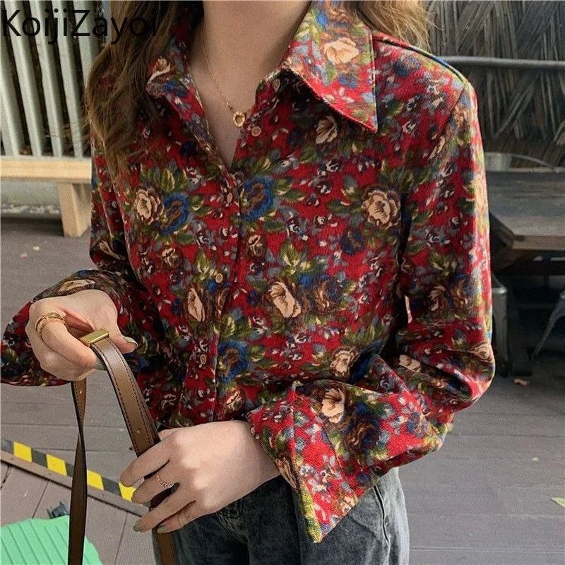

Koijizayoi Floral Corduroy Blouse Women Vintage Spring Autumn Fashion Shirt Ladies Chic Korean Blusas Long Sleeves Blouses 2022